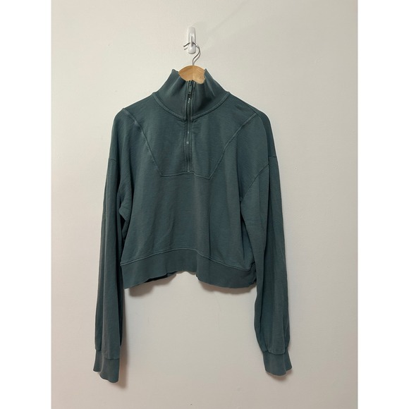 Mono B Tops - Mono B Quarter Zip Cropped Pullover Sweatshirt in Teal Cotton | Size Medium